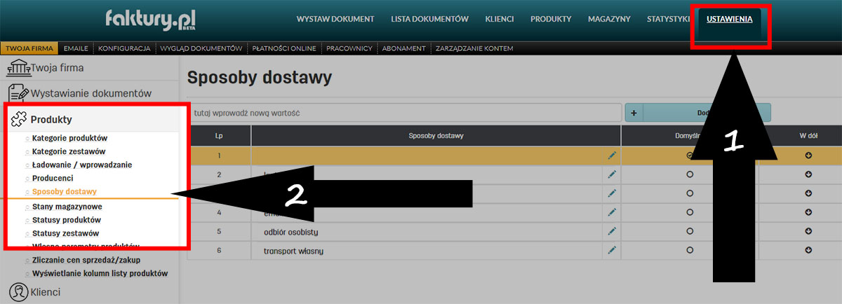 Własne sposoby dostawy w programie do fakturowania faktury.pl