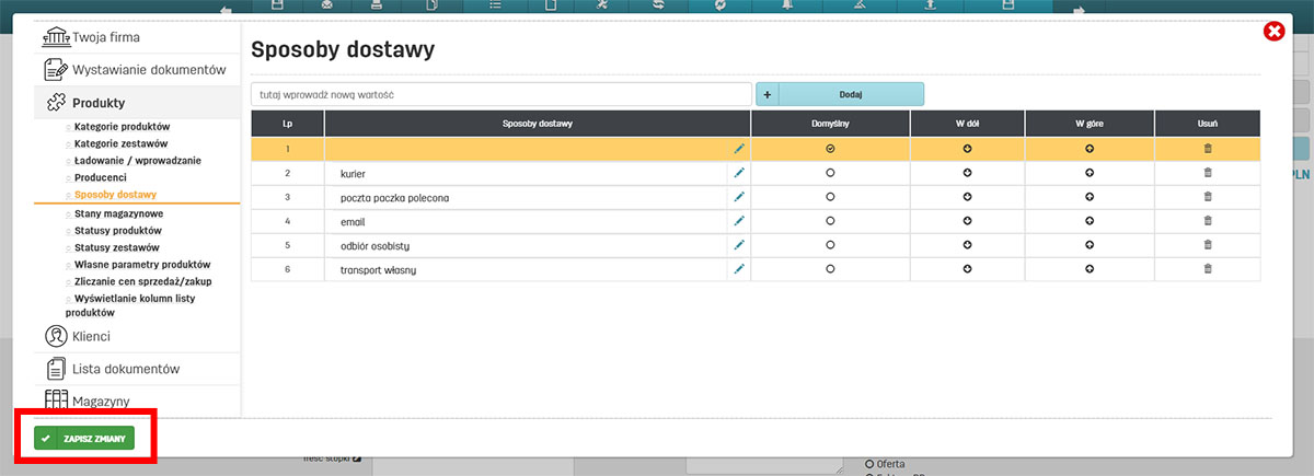 Ustawienia własnych sposob&oacute;w dostawy w serwisie faktury.pl