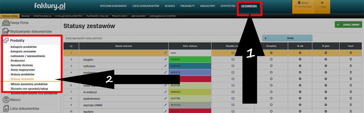 Konfiguracja status&oacute;w zestaw&oacute;w