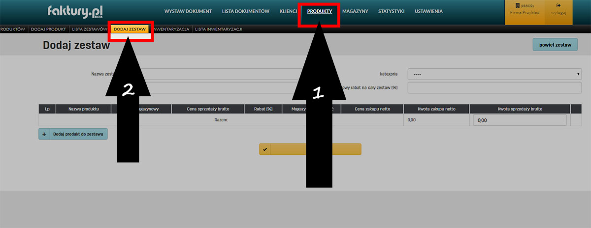 Dodawanie zestawu dla produkt&oacute;w w serwisie faktury.pl