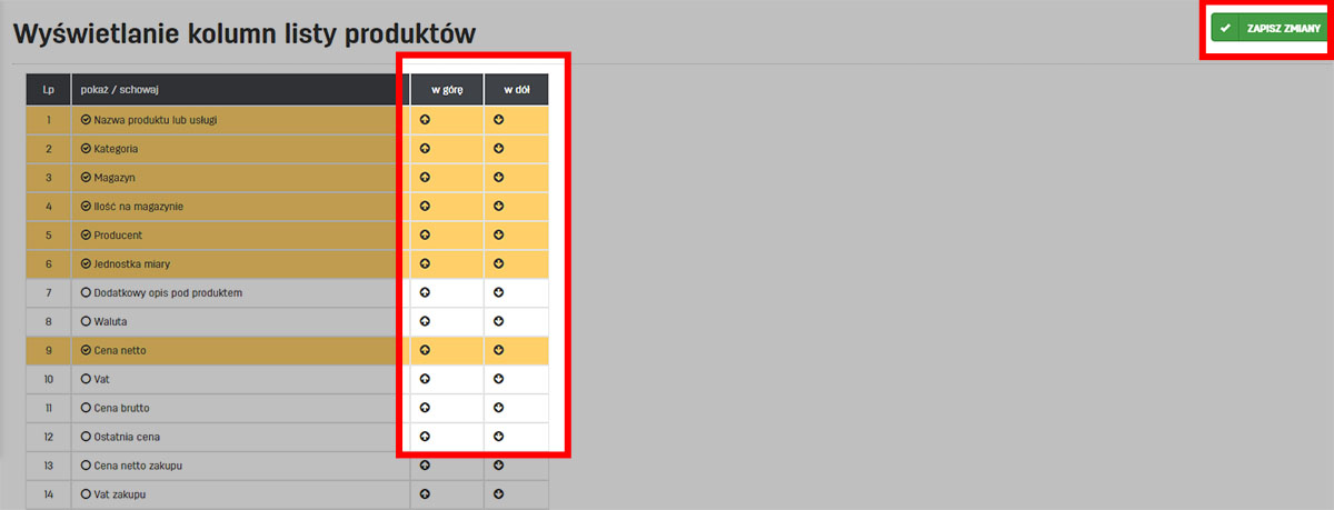 Kolejność kolumn na liście produkt&oacute;w