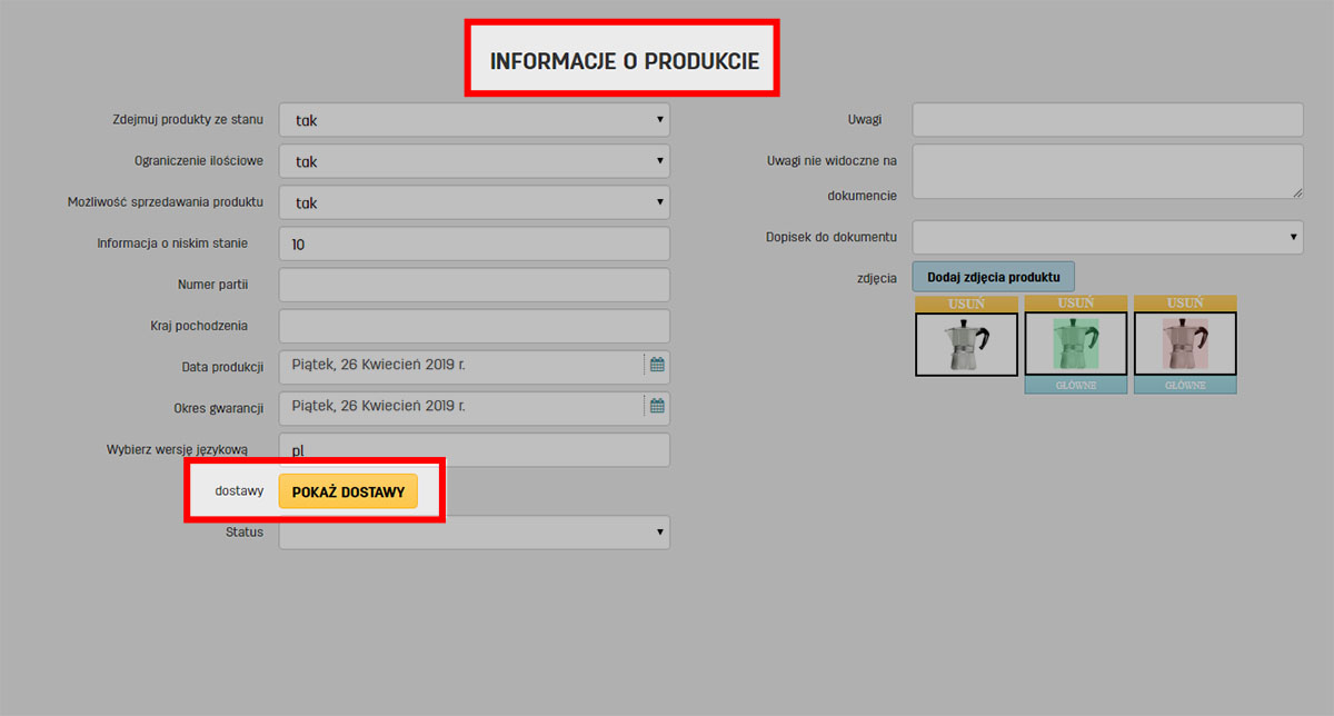 Pokaż dostawy produktów w edycji danych produktu na faktury.pl