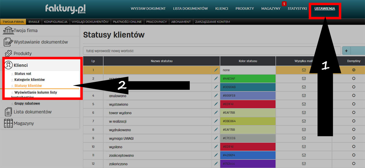Statusy klient&oacute;w w programie faktury.pl
