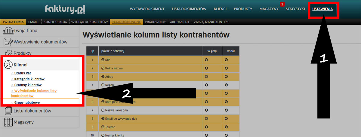 Wyświetlanie kolumn listy kontrahent&oacute;w na faktury.pl