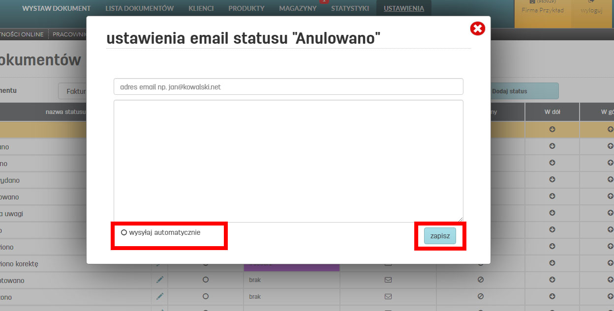 Wysyła email dla dokument&oacute;w o wybranym statusie