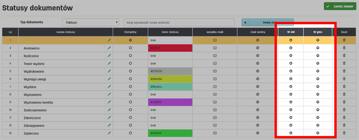 Ustawienia kolejności status&oacute;w dla dokument&oacute;w
