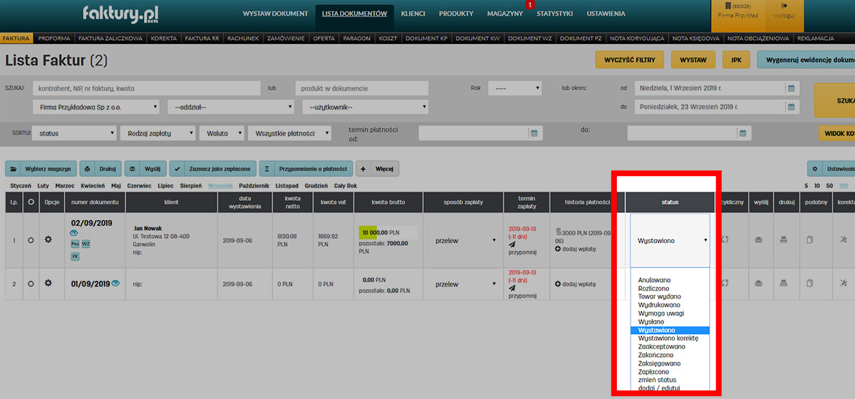 Statusy dokument&oacute;w dostępne dla użytkownik&oacute;w w serwisie faktury.pl
