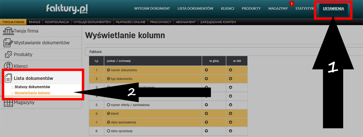 Ustawienia listy dokument&oacute;w w serwisie faktury.pl