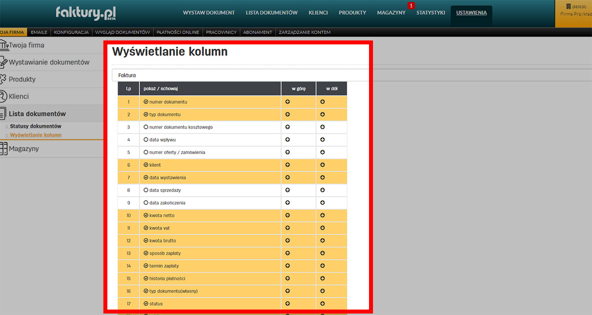 Wyświetlanie danych na liście faktur