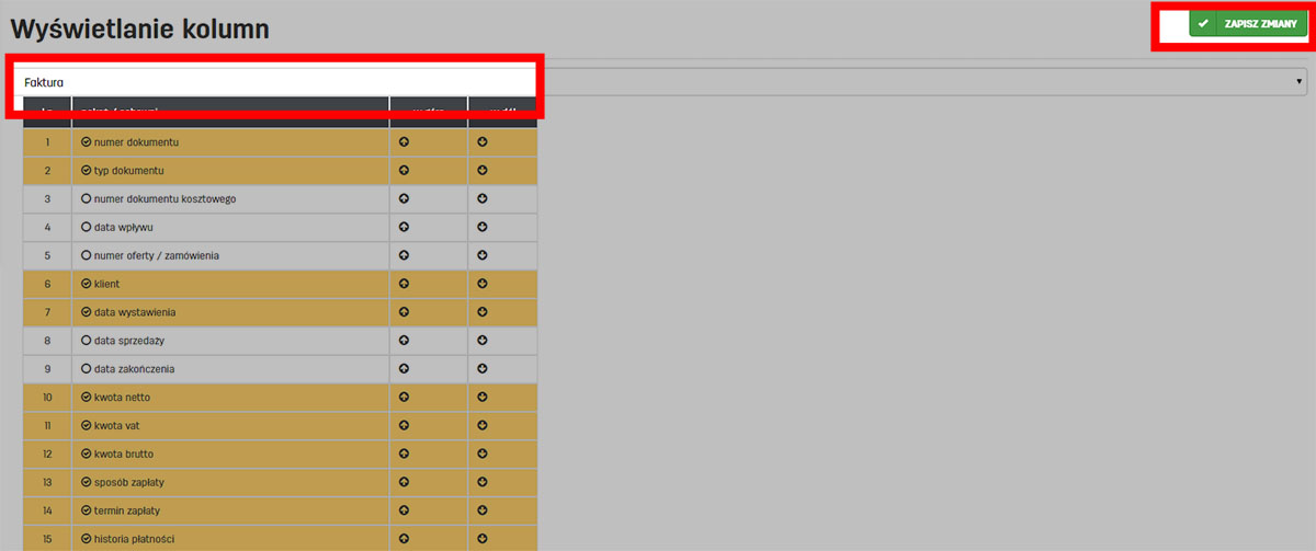 Kolejność kolumn listy dokument&oacute;w