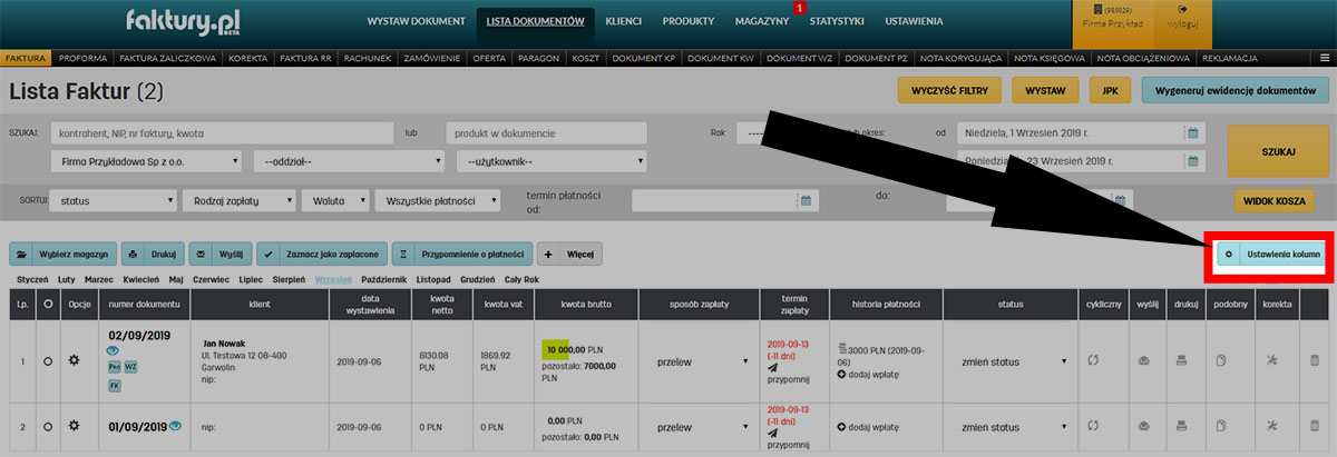 Ustawienia kolumn listy dokument&oacute;w na faktury.pl