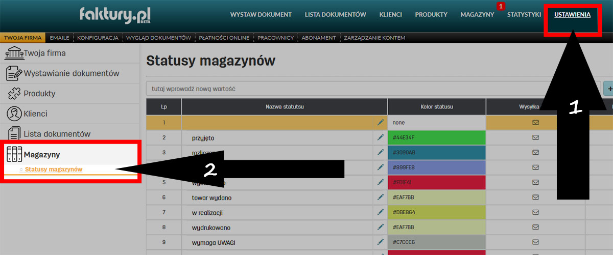 Statusy dla magazyn&oacute;w w programie do fakturowania faktury.pl