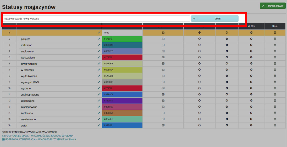 Dodawanie własnego statusu dla magazyn&oacute;w