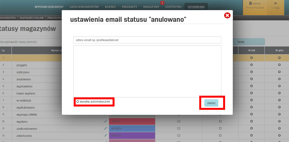 Ustawienia wysyłki email dla status&oacute;w magazyn&oacute;w w faktury.pl
