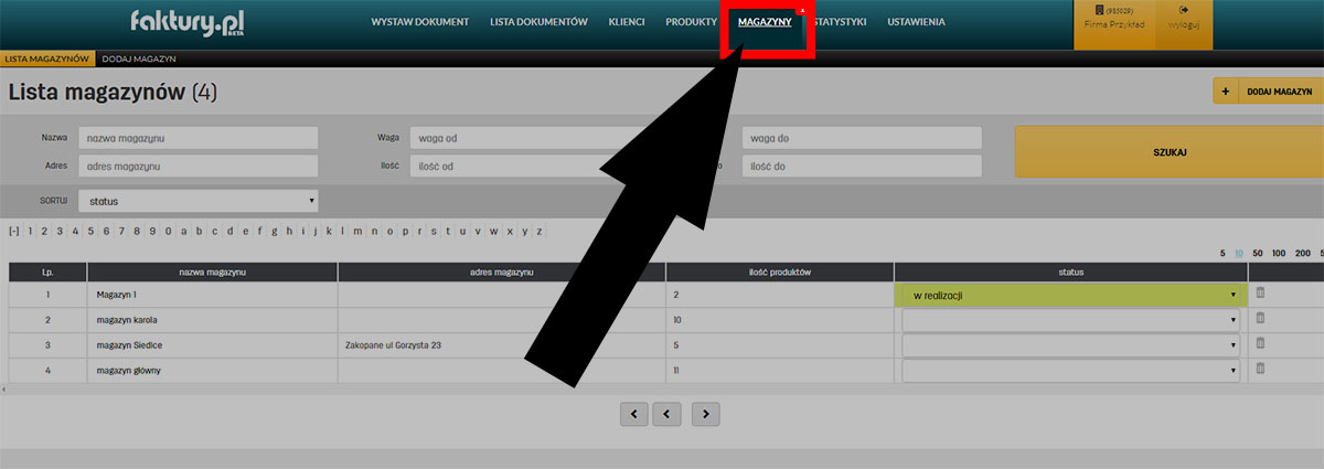 Zakładka z listą magazyn&oacute;w w programie faktury.pl