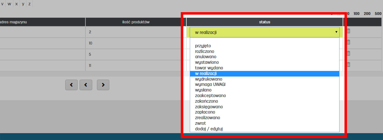 Zmiana statusu magazynu na liście magazyn&oacute;w