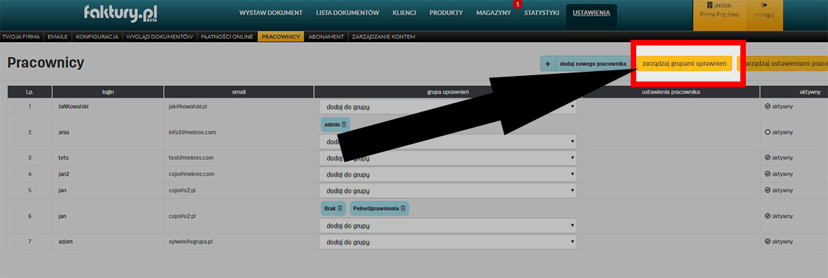 Grupy uprawnień dla pracownik&oacute;w w programie faktury.pl