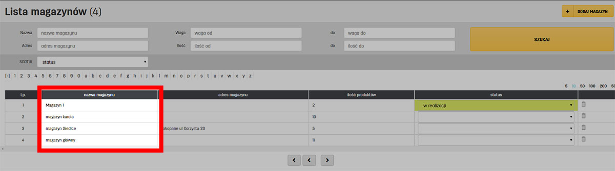 Lista magazyn&oacute;w z produktami