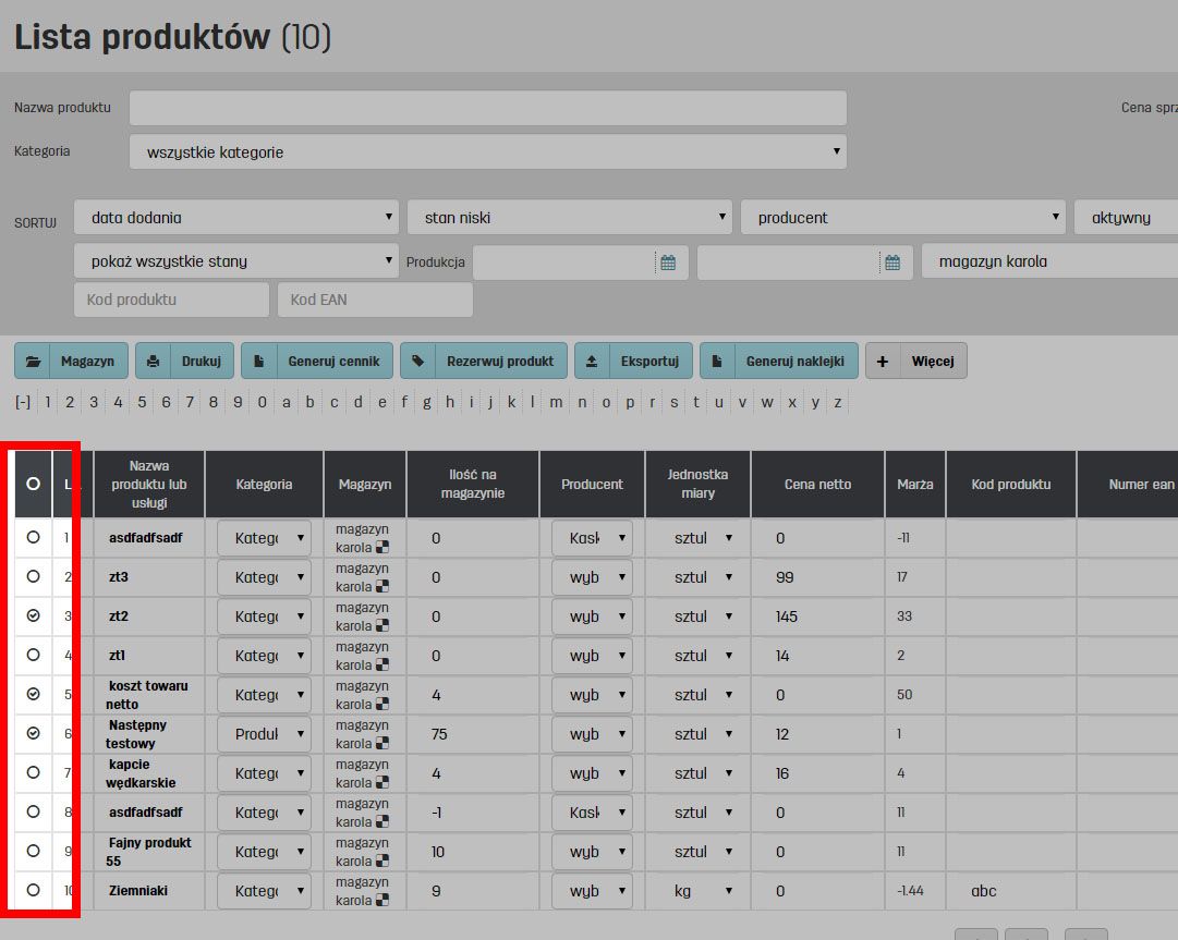 Zaznaczanie magazyn&oacute;w na liście