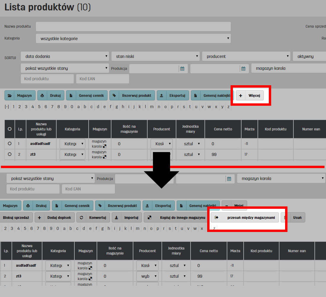 Funkcje na liście produkt&oacute;w w programie do fakturowania faktury.pl