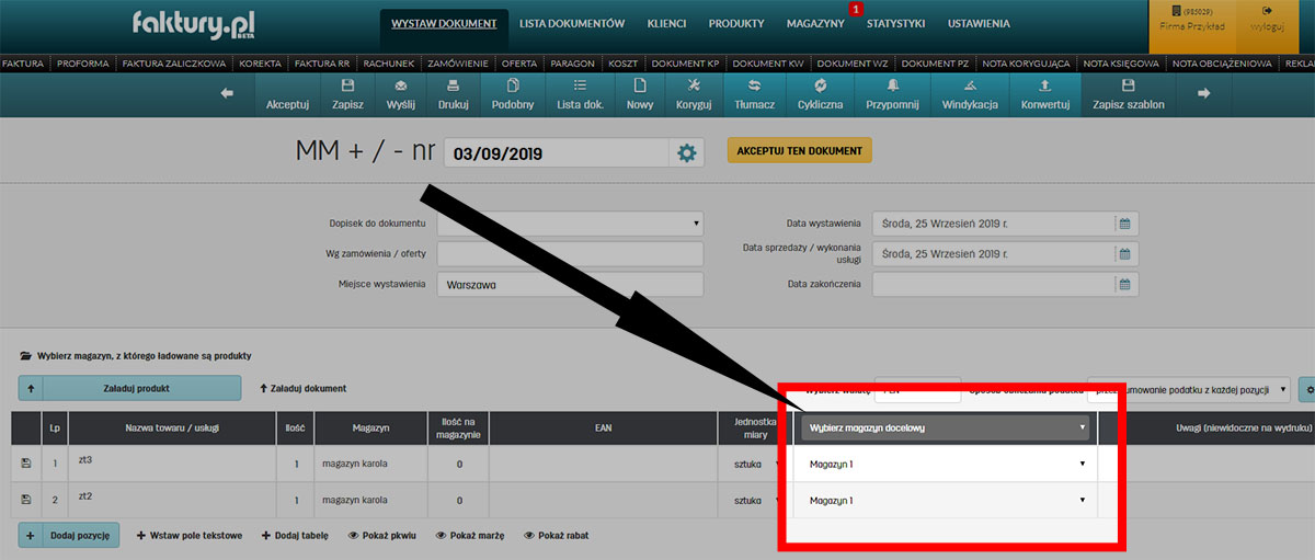 Jak zrobić przesunięcie między magazynowe w programie faktury.pl
