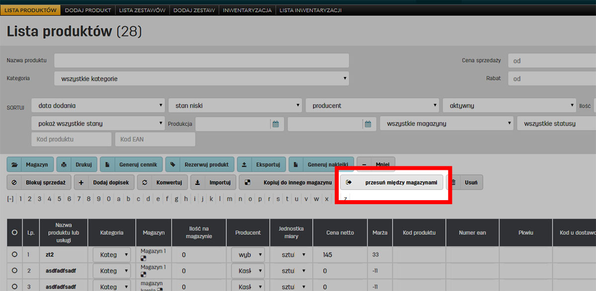 Funkcja przesunięcie między magazynami
